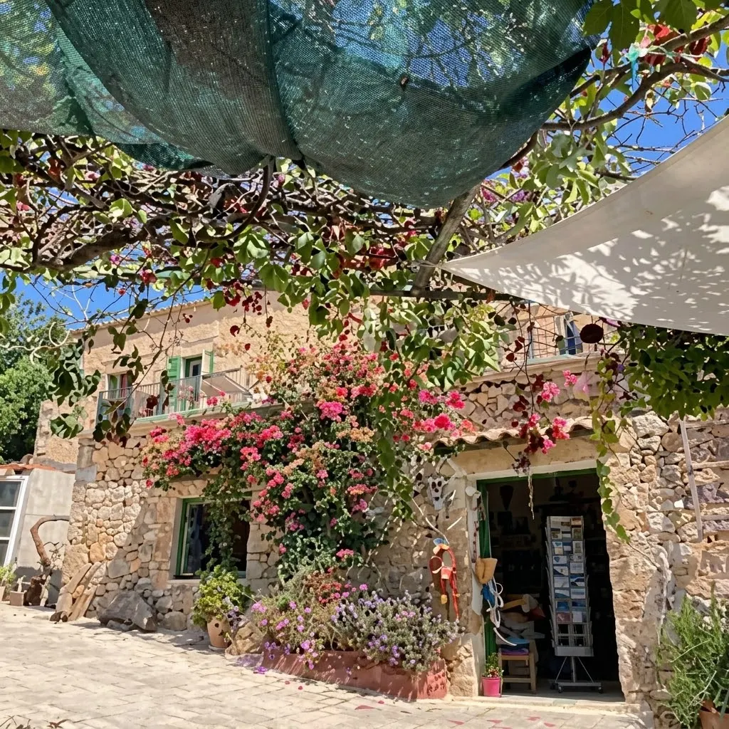 The stone shop under bougainvillea in Polyrrhenia